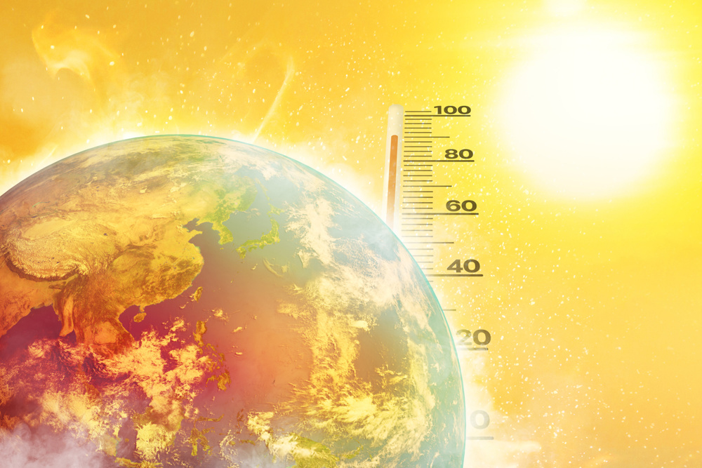Earth, heat wave, Sun and high temperature environment with weather thermometer. Climate change, Hot climate, Extreme weather concept