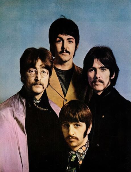 1967 Beatles Photo, colored and restored photo of adult men with beard