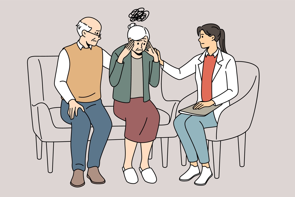 An illustration of a doctor helping a senior woman with dementia